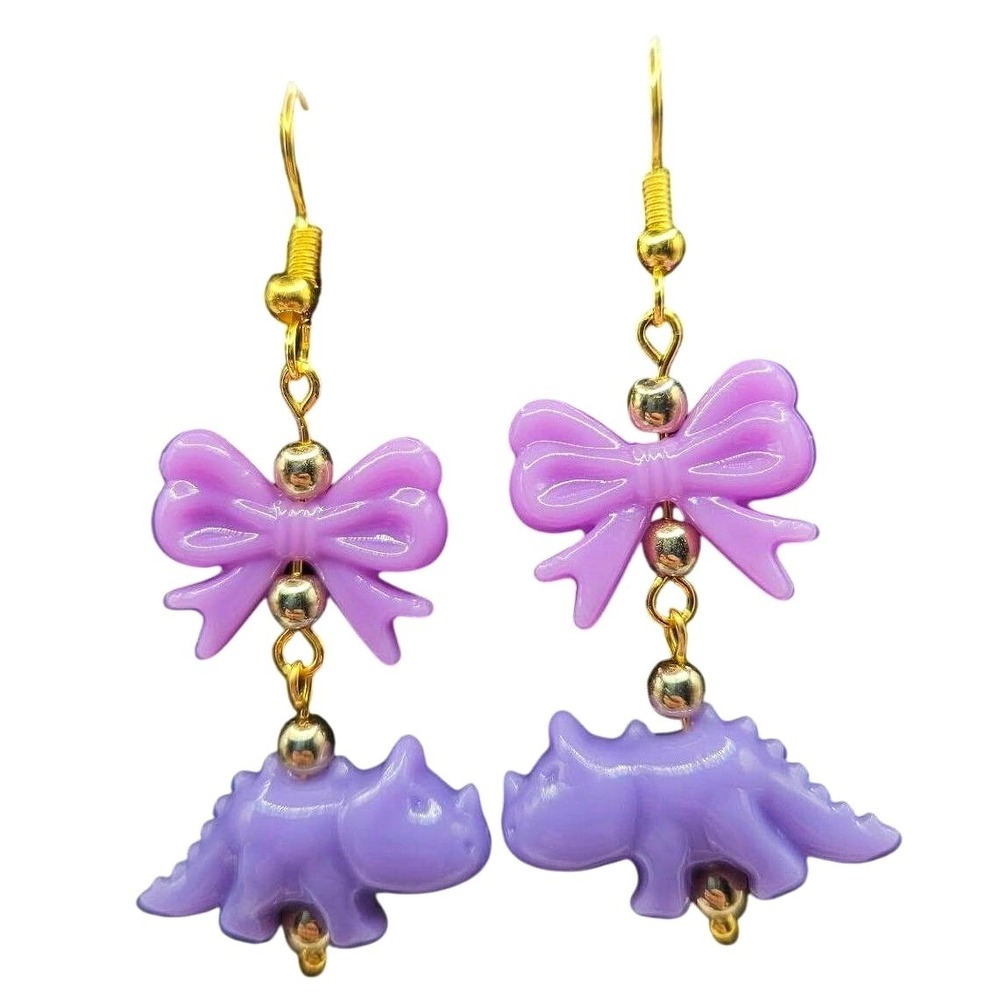 Cute Purple‎ Dinosaur Bow Dangle Earrings Kawaii Aesthetic Jewelry